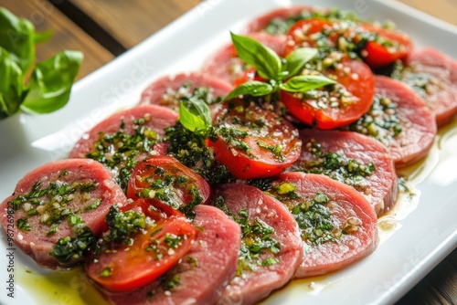 Sliced Pork Tongue snack appetizer served basil , ai