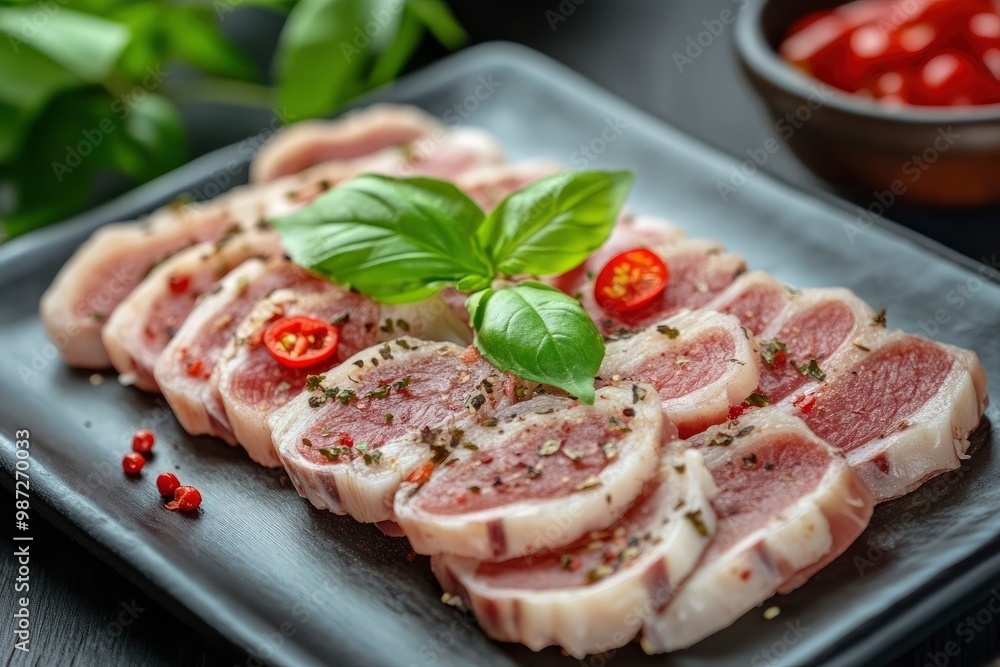 Sliced Pork Tongue snack appetizer served basil , ai Sliced Pork Tongue snack appetizer served basil , ai