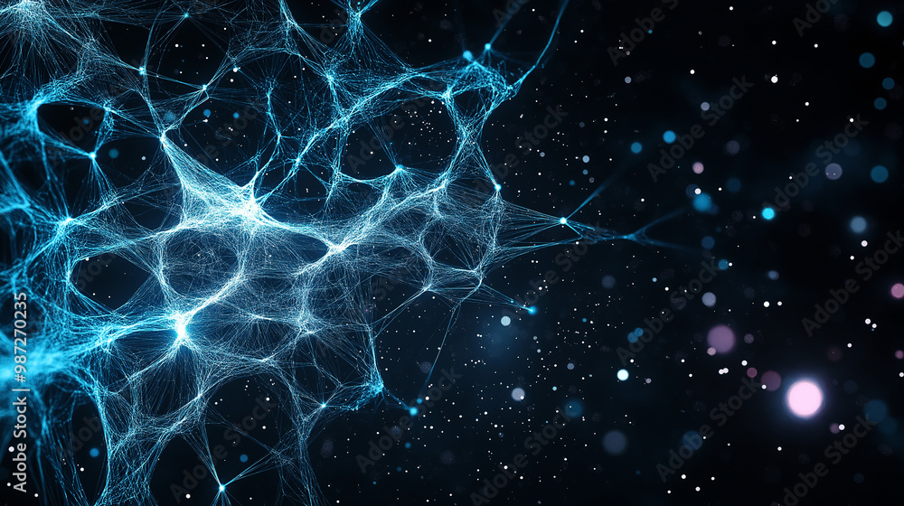 Fototapeta premium web of blue threads as a metaphor with fascia accurate full-size human anatomy in zoom gentle ballet-style movement on black background with purple and green or light turquoise volumetric lighting.