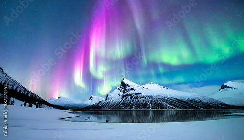 Wonderful scene of aurora polaris and snowy lake under the North Star photo