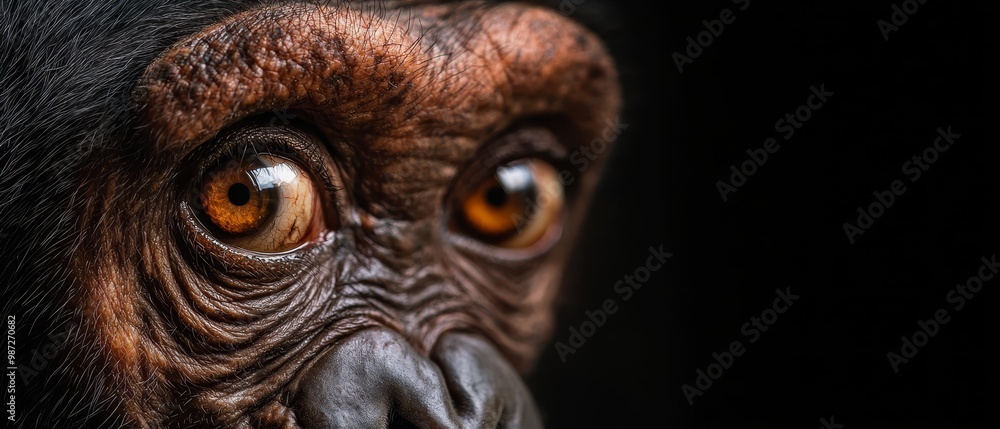 A tight shot of a monkey's intense face against a black backdrop A tight shot of a monkey's intense face against a black backdrop