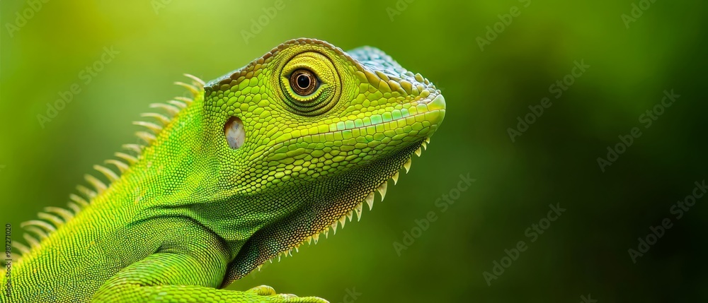 Obraz premium A tight shot of a green iguana perched on a branch against a softly blurred backdrop of green foliage
