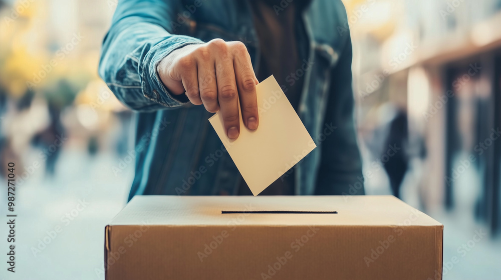 Zbliżenie dłoni wyborcy wkładającego kartę do urny wyborczej. Scena podkreśla odpowiedzialność obywatelską i udział w demokracji. Zbliżenie dłoni wyborcy wkładającego kartę do urny wyborczej. Scena podkreśla odpowiedzialność obywatelską i udział w demokracji.