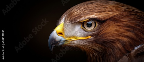  Close-up of an eagle's head against black backdrop, featuring a yellow and white eyestrip
