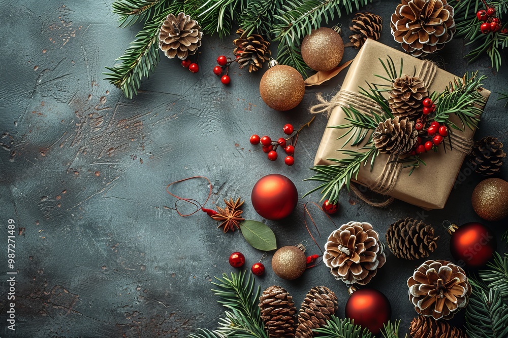 Christmas Card Flat Lay with Gift Boxes, Red Ribbon Bows, and Gold Baubles Perfect for Xmas Postcard Design copy space for text Christmas Card Flat Lay with Gift Boxes, Red Ribbon Bows, and Gold Baubles Perfect for Xmas Postcard Design copy space for text