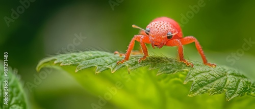  A red insect up-close on a green leaf against blurred background of similar leaves photo