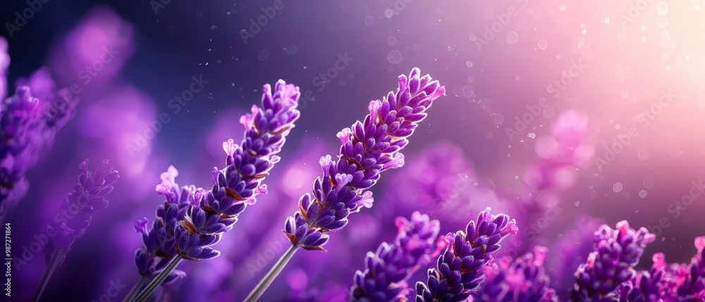 A tight shot of lavender blooms, dotted with water beads on their petals against a soft backdrop of pink and purple A tight shot of lavender blooms, dotted with water beads on their petals against a soft backdrop of pink and purple