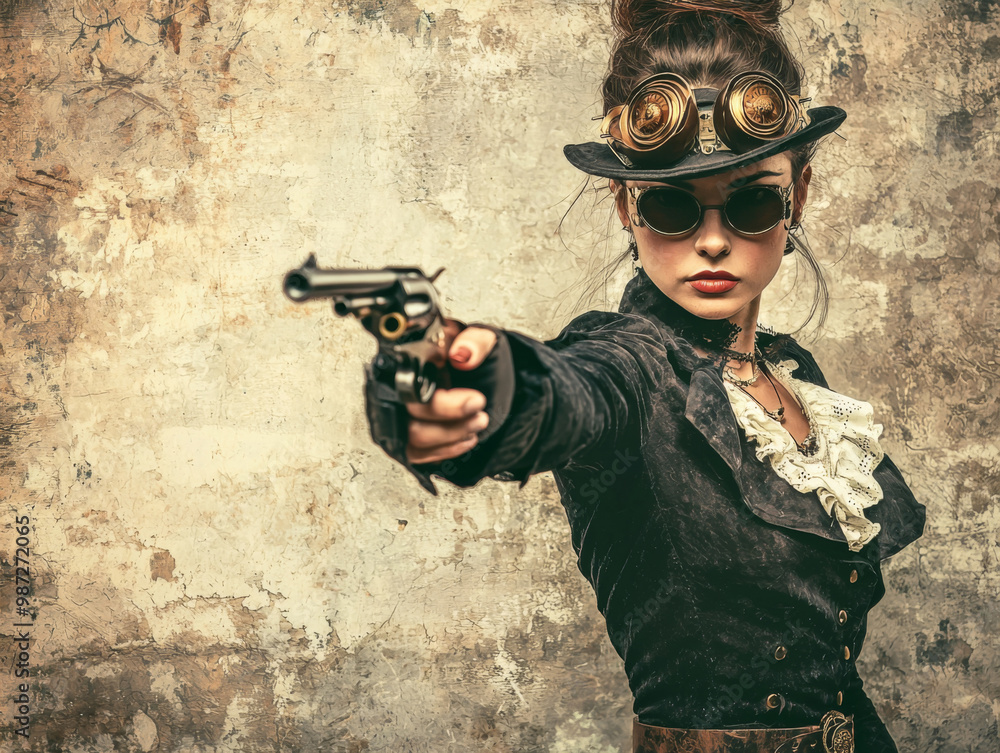 Fototapeta premium A woman in a black outfit with a gun in her hand