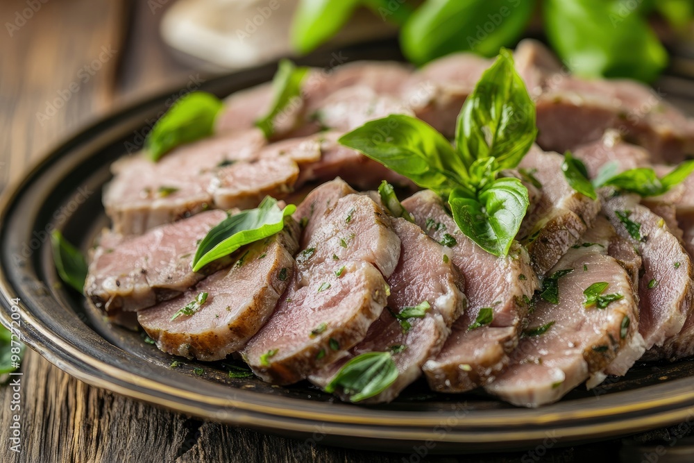 Sliced Pork Tongue snack appetizer served basil , ai Sliced Pork Tongue snack appetizer served basil , ai