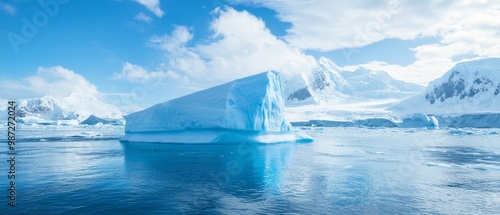 Wallpaper Mural  A substantial iceberg floats in the center of a water body, surrounded by snow-capped mountains and drifting clouds Torontodigital.ca