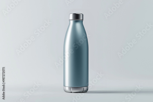 light blue water bottle against grey background, water bottle mockup