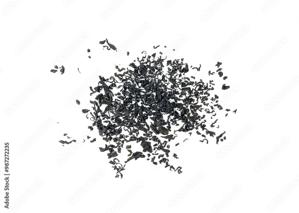 Wakame seaweed pieces isolated, edible raw algae, dry undaria pinnatifida healthy food kelp Wakame seaweed pieces isolated, edible raw algae, dry undaria pinnatifida healthy food kelp