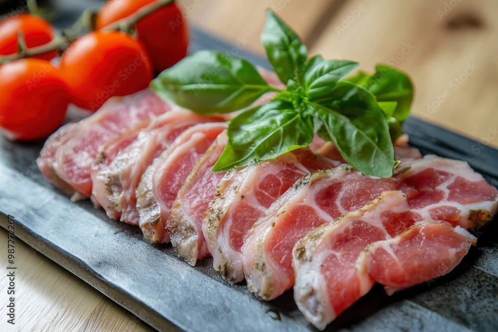 Sliced Pork Tongue snack appetizer served basil , ai Sliced Pork Tongue snack appetizer served basil , ai