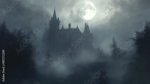 A large, gothic style mansion stands alone on a hill overlooking a foggy forest lit by a full moon.