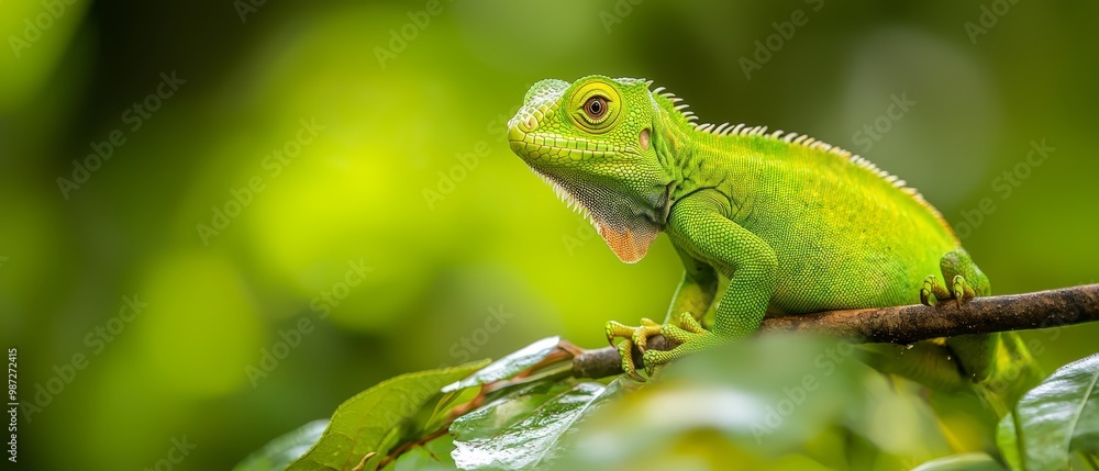 A tight shot of a green lizard perched on a branch, surrounded by leafy foreground with a softly blurred background A tight shot of a green lizard perched on a branch, surrounded by leafy foreground with a softly blurred background
