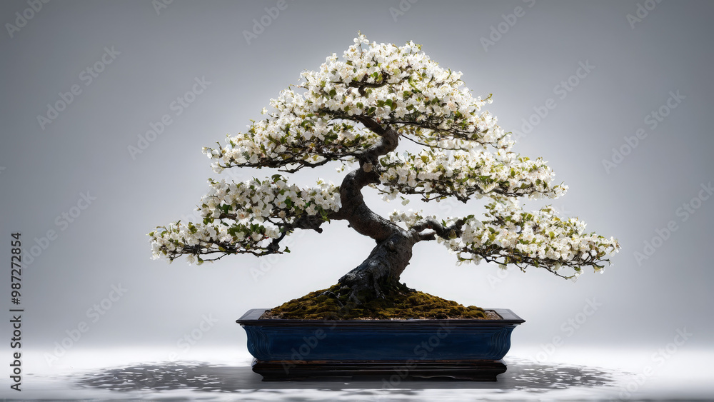 Charming crabapple bonsai smothered in delicate white blossoms pristine minimalist lines luminous highlights visual asset Charming crabapple bonsai smothered in delicate white blossoms pristine minimalist lines luminous highlights visual asset