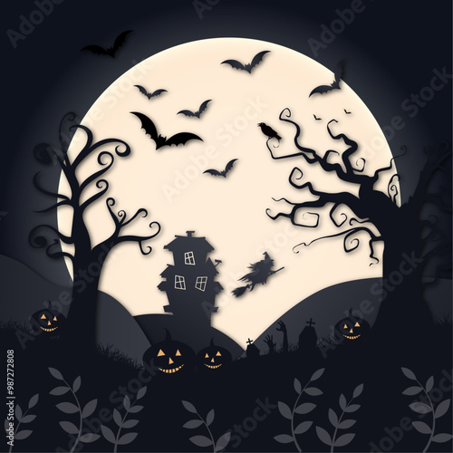 Spooky Happy Halloween card with a witch, castle and huge Moon