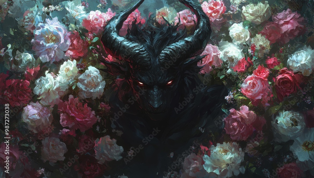 A dark creature surrounded by roses. A dark creature surrounded by roses.