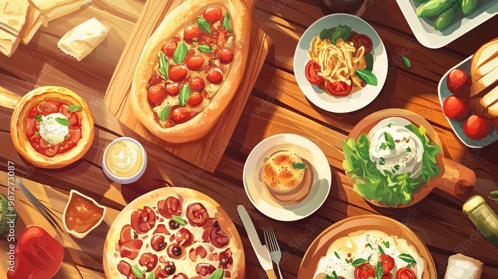 A vector illustration of Italian food arranged on a wooden table background, viewed from the top. The scene features classic dishes like pasta, pizza, A vector illustration of Italian food arranged on a wooden table background, viewed from the top. The scene features classic dishes like pasta, pizza,