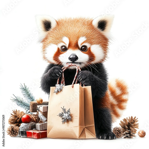 A red panda holding a Black Friday shopping bag in its mouth, surrounded by sale items and festive decor, cute and charming, isolated on white background photo