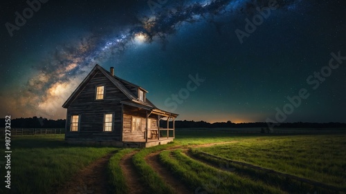 milky way over rustic farmhouse kitchen aesthetic background