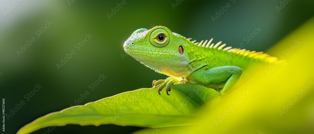 Fototapeta premium A close-up of a green lizard on a leaf with a blurred background behind it