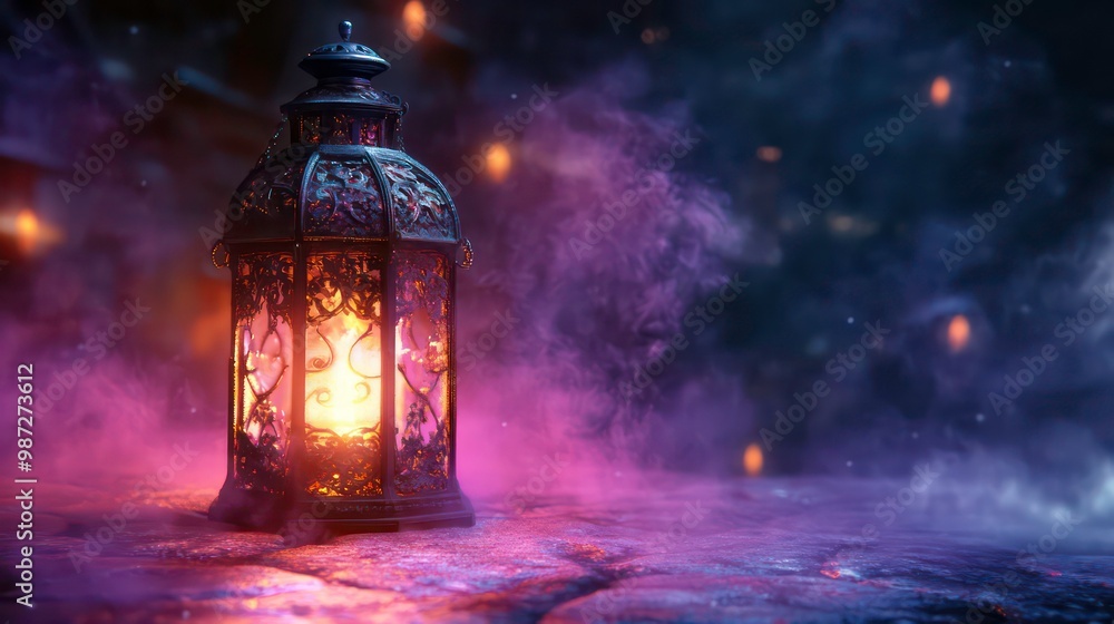 A glowing lantern sits on a stone surface with a hazy background. A glowing lantern sits on a stone surface with a hazy background.