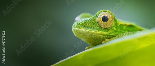  A tight shot of a green chameleon gazing at the camera, perched on a leaf Background softly blurred