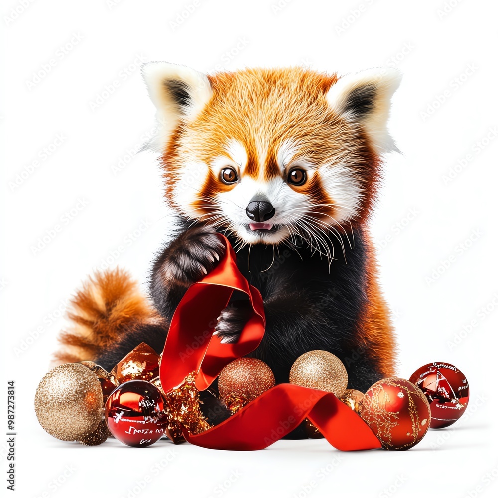 A red panda playing with a Black Friday ribbon, surrounded by sale items and festive decor, playful and adorable, isolated on white background A red panda playing with a Black Friday ribbon, surrounded by sale items and festive decor, playful and adorable, isolated on white background