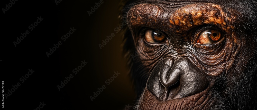 A monkey's intense face, in sharp focus against a black backdrop A monkey's intense face, in sharp focus against a black backdrop
