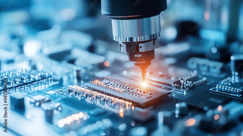 A robotic arm assembling an electronic circuit board. A robotic arm assembling an electronic circuit board.
