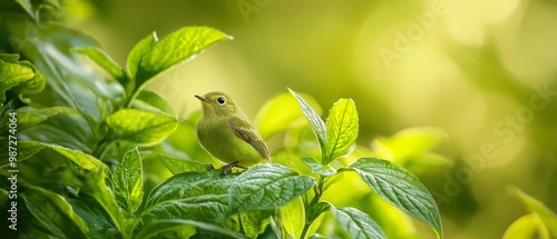  A small green bird sits atop a verdant leafy plant in the forest, bathed in sunlight filtering through the emerald foliage