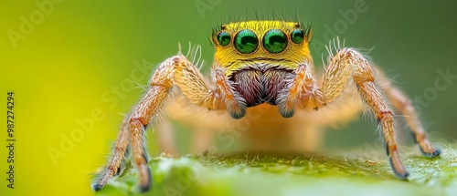  A tight shot of a jumping spider mid-leap on a green leaf, its large eyes fixed and expression intense