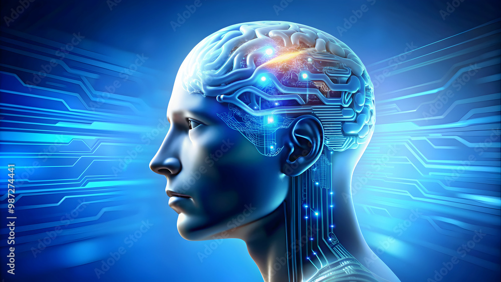 Cyborg head with electronic brain profile on blue background , cyborg, head, profile Cyborg head with electronic brain profile on blue background , cyborg, head, profile