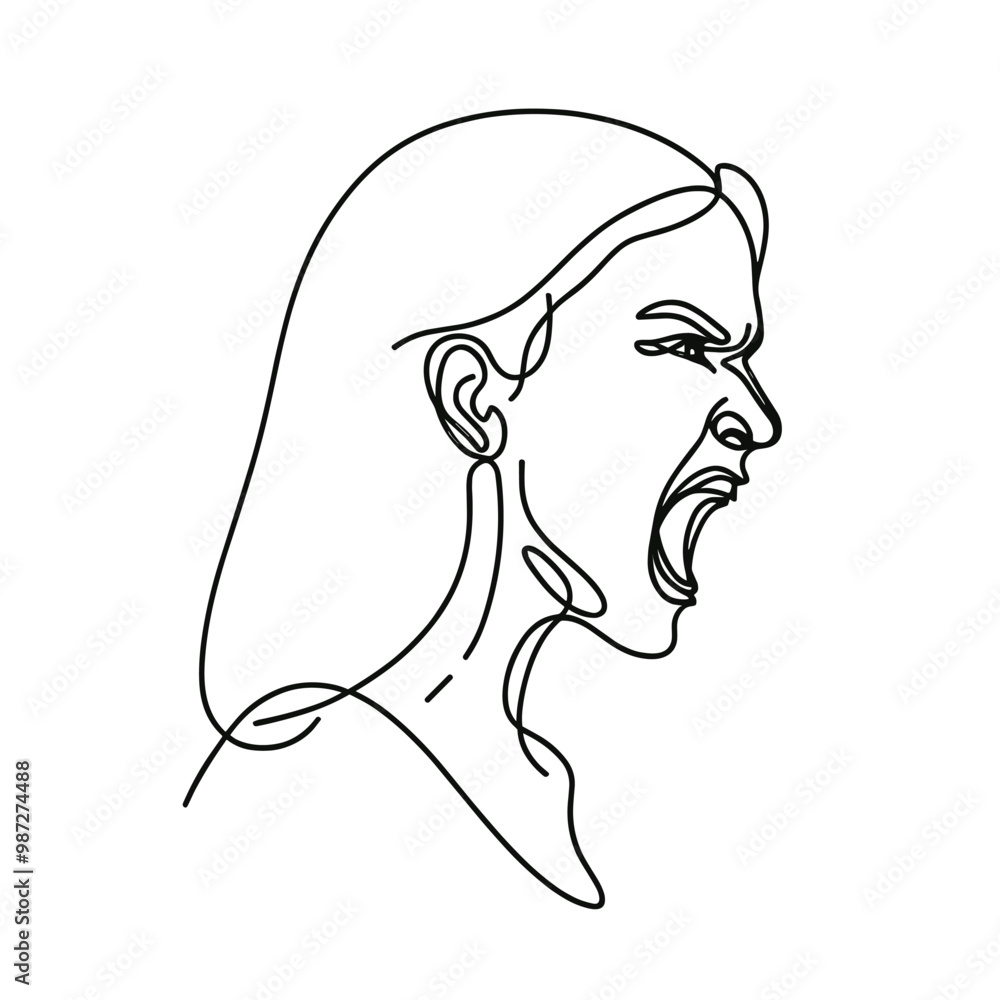 Continuous line drawing of angry woman yelling minimalist emotional expression in modern art Continuous line drawing of angry woman yelling minimalist emotional expression in modern art