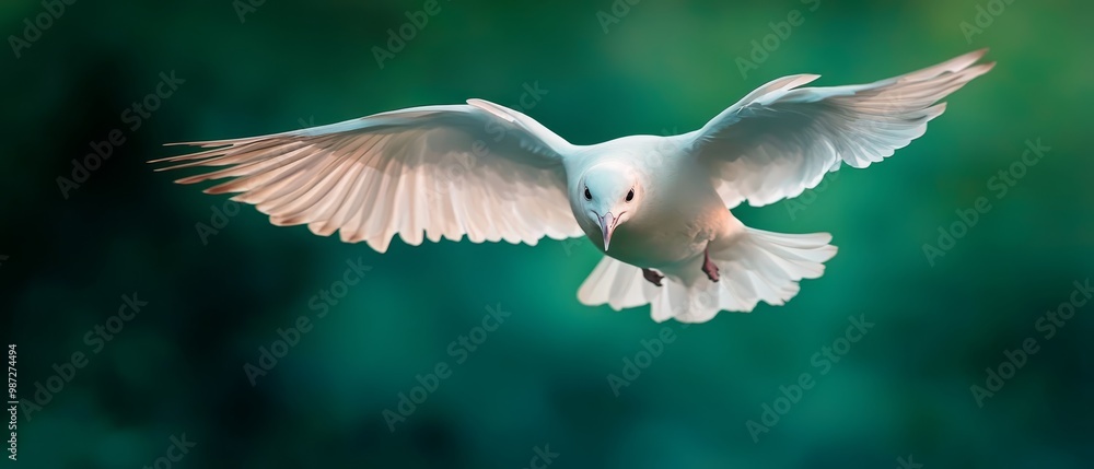 Obraz premium A white bird flies in the air with its wings spread widely