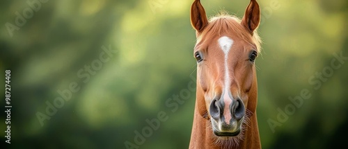  A tight shot of a browner horse sporting a white stripe across its face, set against a hazy backdrop photo