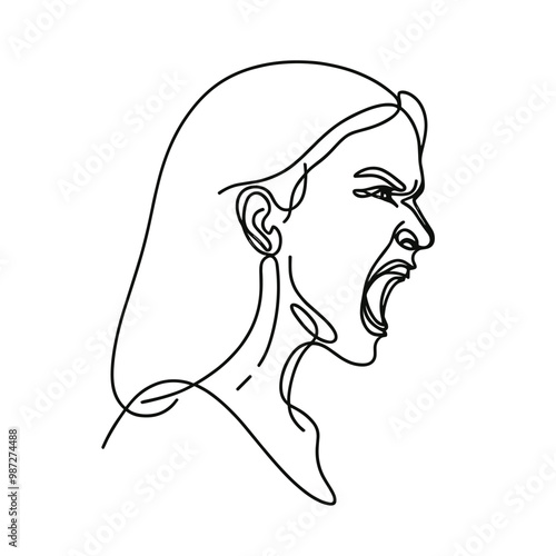 Continuous line drawing of angry woman yelling  minimalist emotional expression in modern art