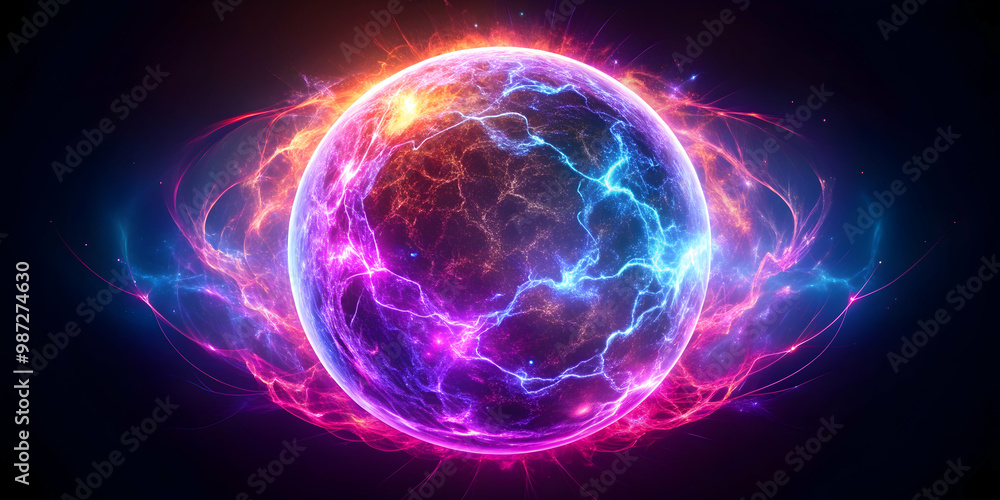 Abstract neon energy sphere with magical glowing particles and waves Abstract neon energy sphere with magical glowing particles and waves