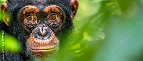  A monkey's face, in focus, emerges from tree leaves Background softly blurred photo