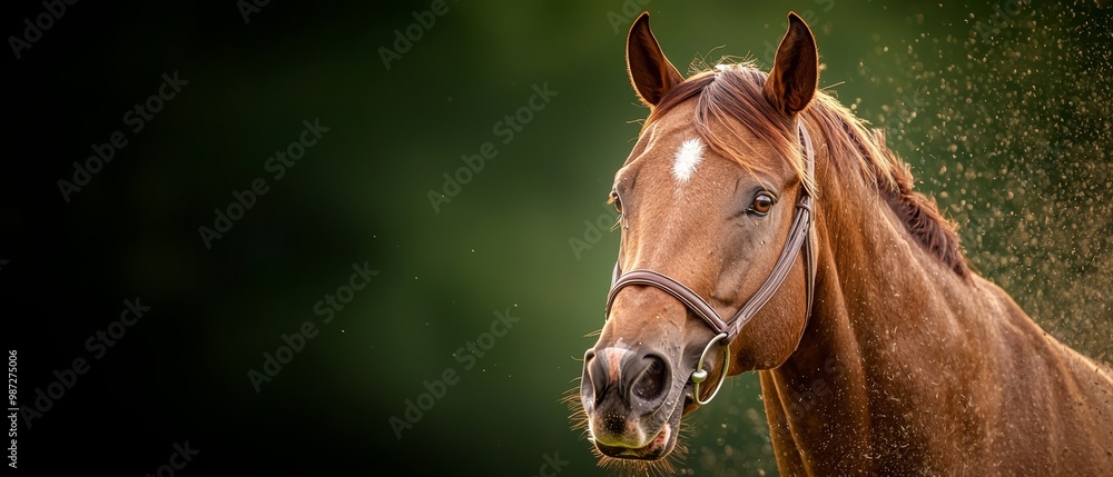 Obraz premium A tight shot of a horse's face as water sprays from it