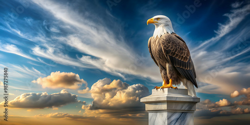 Majestic marble eagle statue standing tall on a pedestal, majestic, marble, eagle, statue, sculpture, elegant photo