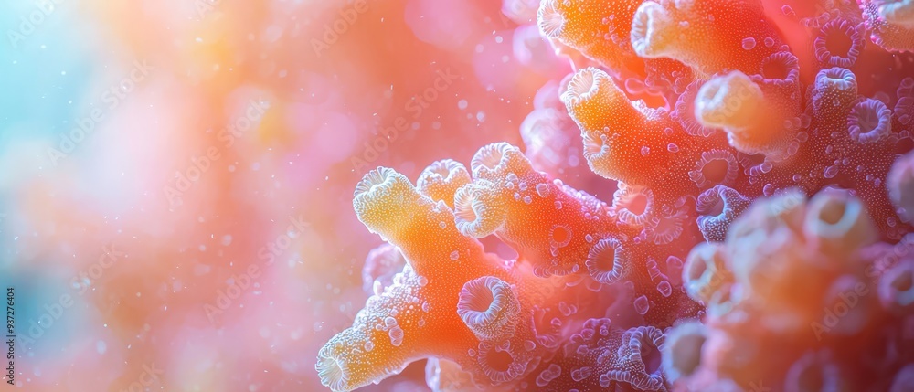 A tight shot of water droplets clinging to an orange and pink coral against a blue backdrop A tight shot of water droplets clinging to an orange and pink coral against a blue backdrop