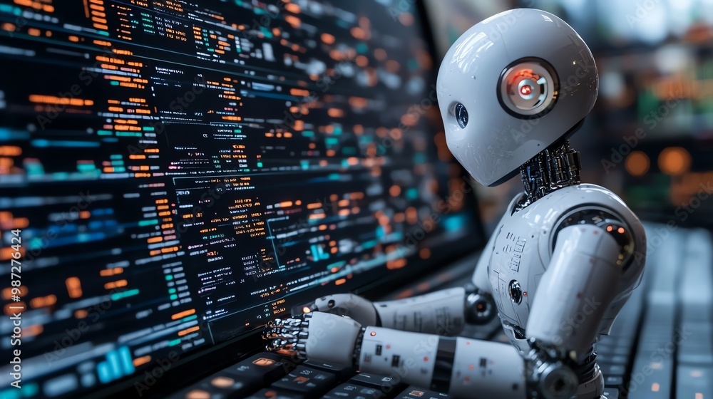 A white humanoid robot works on a computer, programming, and coding. A white humanoid robot works on a computer, programming, and coding.