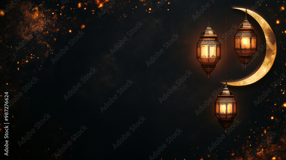 Obraz premium A thin black border with small hanging lanterns and crescent moons, beautiful flyers, elegant border with a Halloween theme