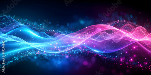 Abstract pink and blue waves with glowing particles, abstract, pink, blue, waves, glowing, particles, vibrant