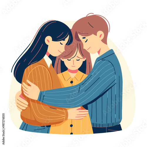 Illustration of family embrace and unity with parents and child hugging