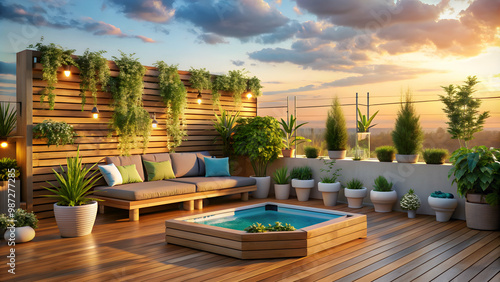 Cozy rooftop patio with wooden pallet furniture, vertical garden and inflatable pool on a warm summer evening