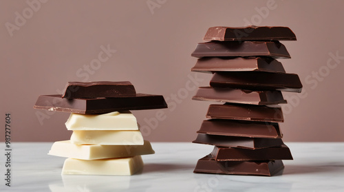 Two Stacked bars of milk, dark, and white chocolate. Brown background