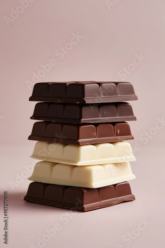 Stacked bars of milk, dark, and white chocolate against a neutral background